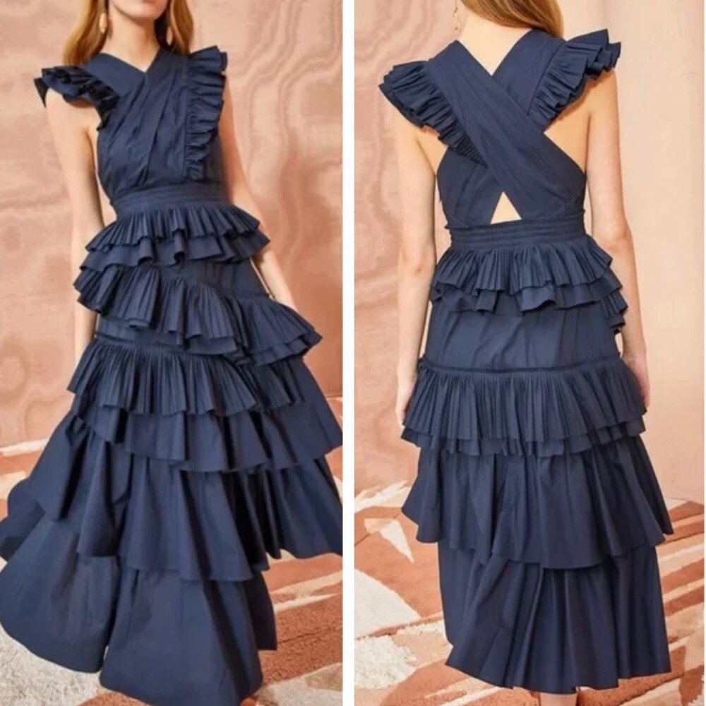Ulla Johnson Aurore Tiered Ruffle Midi Dress Navy Sz4 Cocktail Event Party - Picture 3 of 11